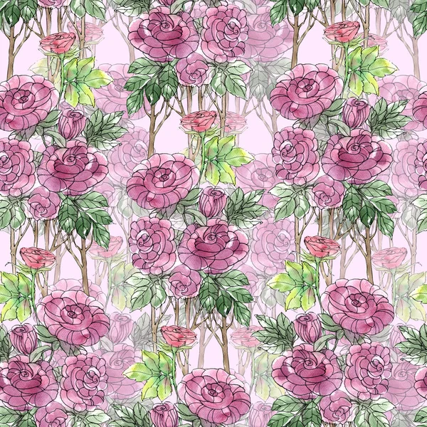 Aquarel Naadloos Patroon Met Hand Getrokken Bloemen Roos Roze Achtergrond — Stockfoto