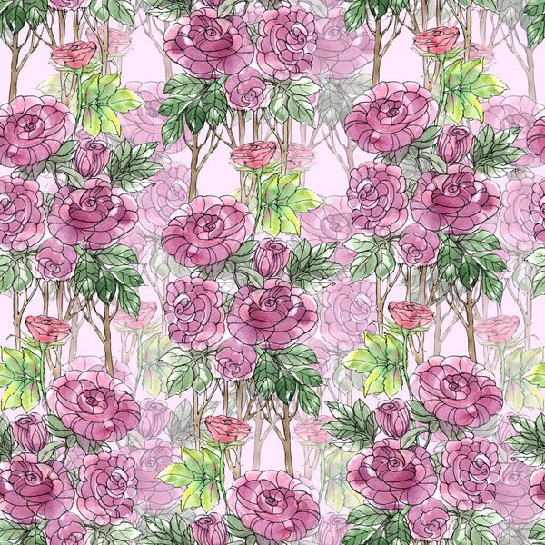 Watercolor seamless pattern with hand drawn flowers rose on pink background.