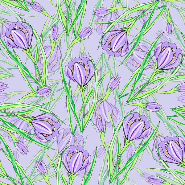 Floral Seamless Pattern Hand Drawn Flowers Crocus Violet Background — Fotografia de Stock