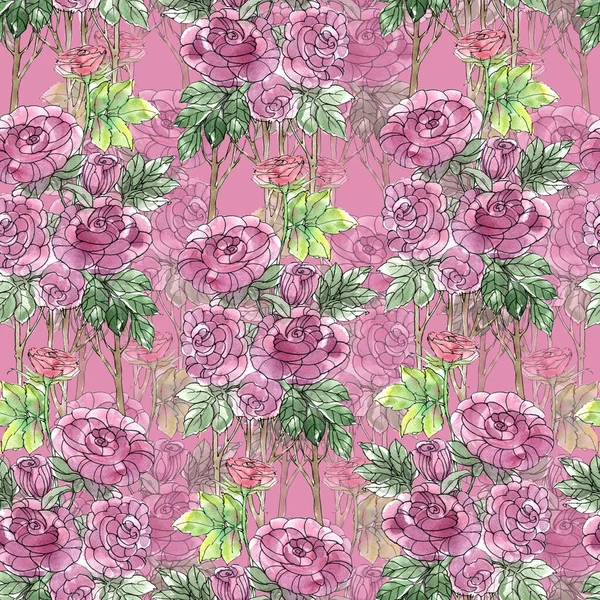 Akwarela Bezszwowy Wzór Ręcznie Rysowane Kwiaty Wzrosła Różowym Tle — Zdjęcie stockowe