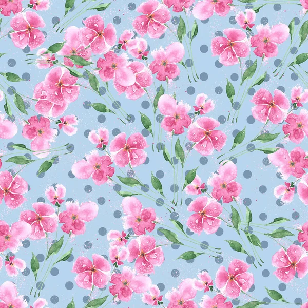 Watercolor Seamless Background Delicate Spring Flowers Blue Speckled Background Fabric — Stock Photo, Image