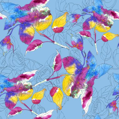Mavi arkaplanda grafik çiçekli suluboya pürüzsüz doku.