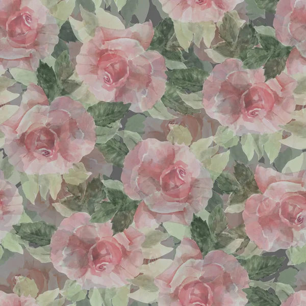 Belo Padrão Aquarela Com Rosas Folhas Textura Floral Desenhada Mão — Fotografia de Stock