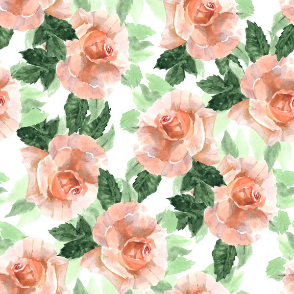 Schöne Aquarell Nahtlose Muster Mit Rosen Und Blättern Auf Weißem — Stockfoto