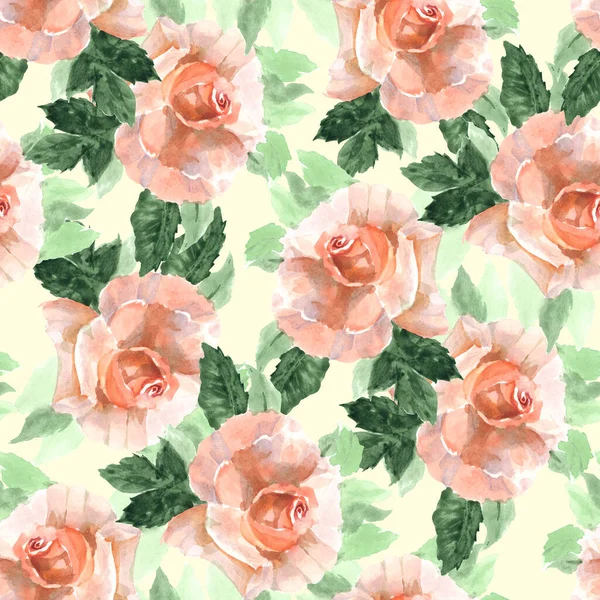 Schönes Aquarellmuster Mit Rosen Und Blättern Handgezeichnete Florale Textur — Stockfoto