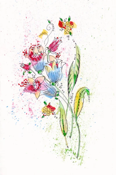 白色水花背景下美丽草地铃花的水彩画 — 图库照片