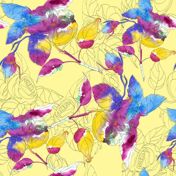 Aquarell Nahtlose Textur Mit Grafischer Blume Rose Auf Gelbem Hintergrund — Stockfoto
