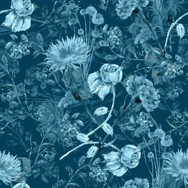 Suluboya, tek renkli, dikişsiz bahçe deseni, farklı çiçekler. Mavi renk sürümü.