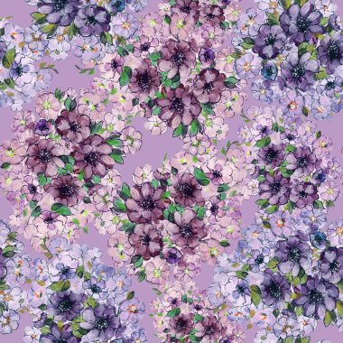 Çiçeksiz desenli bahar leylağı çiçekleri. Menekşe arkaplanda suluboya boya buketi.
