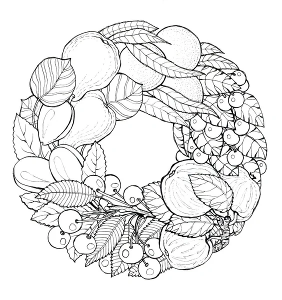 白い背景に葉が付いている庭のフルーツのグラフィック あなたのプロジェクトのためのリースのモノクロイラスト — ストック写真