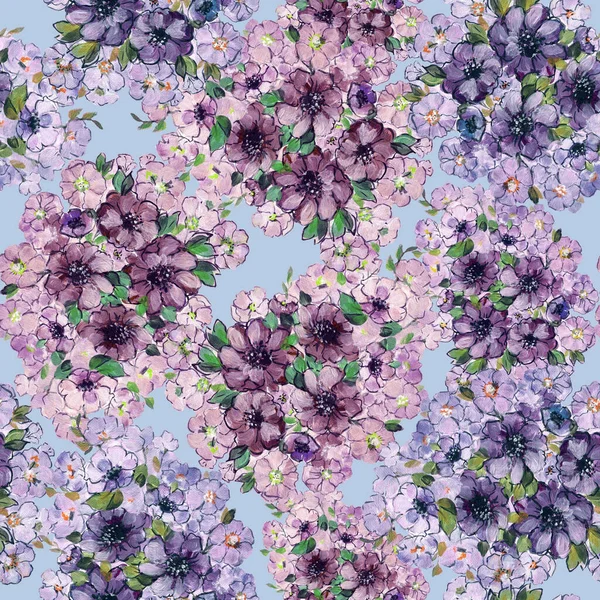 Акварельний Квітковий Безшовний Візерунок Бузковими Квітами Синьому Фоні — стокове фото