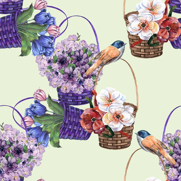Spring beautiful flowers in a basket with bird on a green background. Floral seamless pattern.