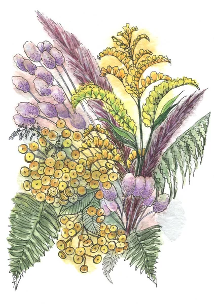 Akwarelowy Bukiet Dzikich Kwiatów Białym Tle Rysunek Ręczny Ilustracja Projektu — Zdjęcie stockowe