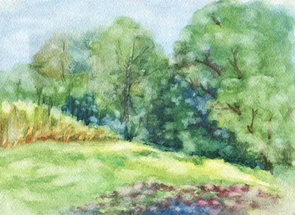 Иллюстрация Акварельного Пейзажа Луг Деревьями — стоковое фото