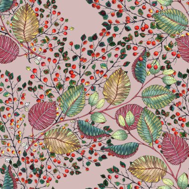 Suluboya sonbahar yaprağı ve pembe arka planda böğürtlen. Projeniz için pürüzsüz bir desen oluştur.