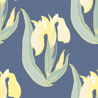 Mavi arka planda sarı renkli çiçekler. Kumaş ve duvar kağıtları için çiçeksiz desen. 