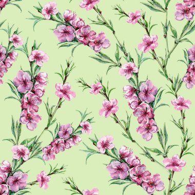 Çiçeklerin suluboya dalı yeşil arka planda şeftali. Kumaş ve duvar kağıtları için çiçeksiz desen.