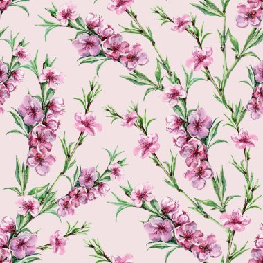 Çiçeklerin suluboya dalı pembe arka planda şeftali. Kumaş ve duvar kağıtları için çiçeksiz desen.