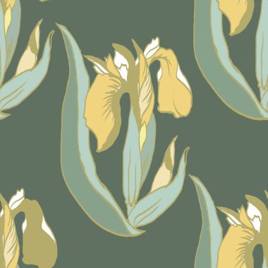 Yeşil arka planda sarı renkli çiçekler. Kumaş ve duvar kağıtları için çiçeksiz desen. 