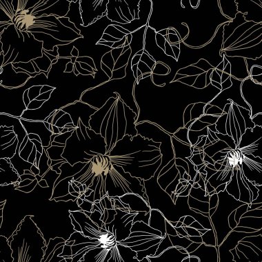 Kusursuz çiçek desenli, siyah arkaplanda klemati var..
