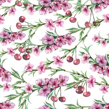 Kırmızı kiraz ve çiçek şeftalisiyle sulu boya arkaplan.