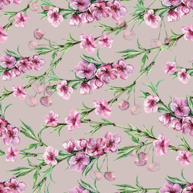 Kırmızı kiraz ve çiçek şeftalisiyle sulu boya arkaplan.