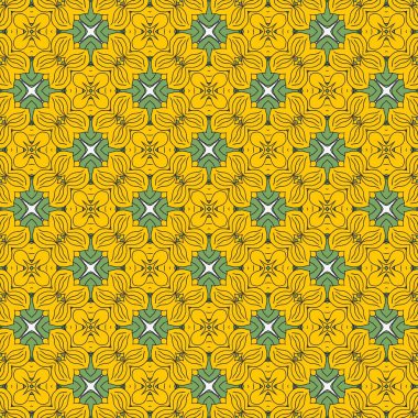 Yeşil arka planda dekoratif çiçekler. Kumaş ve seramik için kusursuz geometrik süslemeler. 