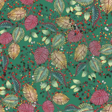 Renkli yaprakların dallarıyla suluboya desenleri ve beyaz arka planda kırmızı küçük böğürtlenler. Dekorasyon kağıtları ve kumaş bileşimi