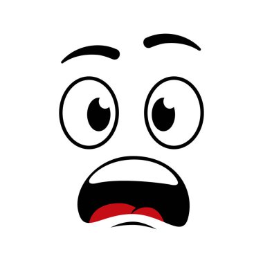 Çizgi film korkmuş yüzü. Sürpriz Emoji, şok ve korku. Ağzı ve gözleri açık duygusallık. Avatar ya da insan için çizgi roman karakteri simgesi. Tasarım sembolü beyaz arkaplanda izole edildi. Vektör.