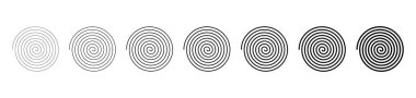 Spiral şekiller. İnce ve kalın kıvrımlı çizgiler. Soyut yuvarlak vuruşlar. Siyah geometrik elementler beyaz arkaplanda izole edilmiş. Sanat sembolleri, döndürme ve hipnotize etme. Radikal doğrusal simgeler. Vektör.