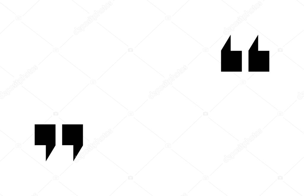 Quote icon. Quotation mark for speech and citation. Double inverted comma. Black symbol for bubble, discussion and text. Graphic design logo for open and end of chat. Vector.