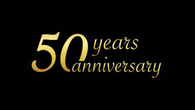 50. yıl dönümü logosu. Kutlama için altın tasarım numarası, prim kartı ve kurdele. Vektör.
