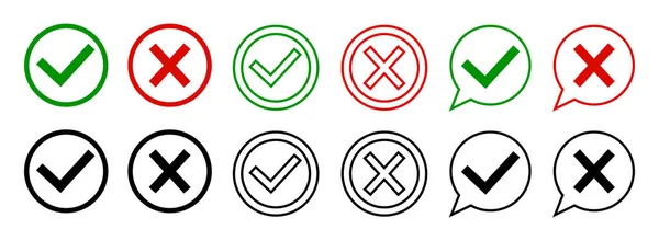Cochez Croix Icônes Signe Marque Négative Positive Boutons Vert Rouge — Image vectorielle