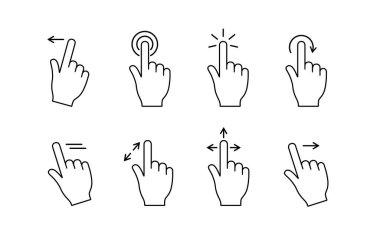 Hand gestures line icon. Touch screen controls for app, device interface. Finger swipe, tap on digital screens. vector illustration. clipart