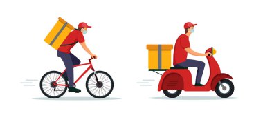 Bisikletli ya da motosikletli bir çocuk yiyecek ya da sipariş veriyor. Kurye işi. Bisikletli, bisikletli ve motosikletli. Hızlı, hızlı teslimat konsepti. vektör illüstrasyonu