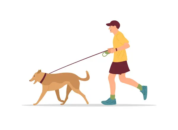 Man Walks Dog Leash Guy Walking His Pet While Doing — Stock Vector