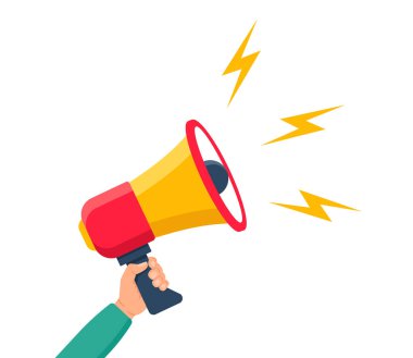 Beyaz arka planda hoparlörde el ele tutuşuyoruz. Megafondan reklam spikeri. Adam megafonu tutuyor. Dikkat çekme kavramı, insanlara bağırma. vektör illüstrasyonu