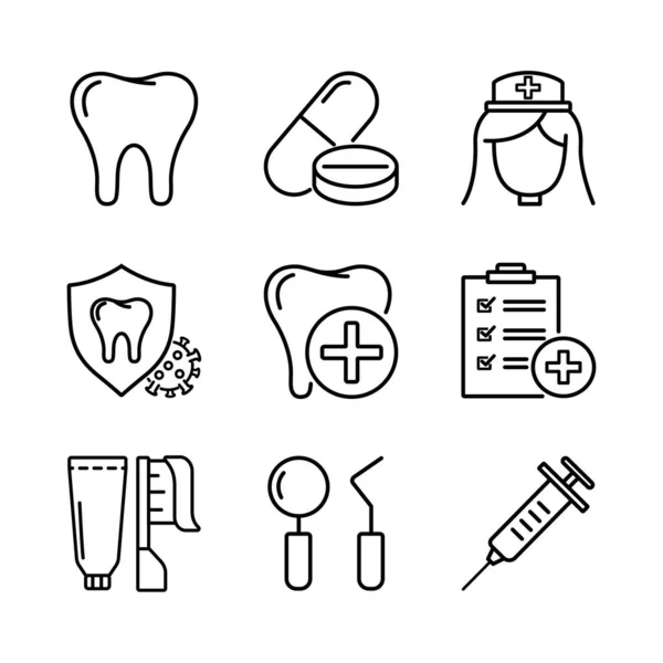 Icône Ligne Dentaire Signes Dentisterie Fixés Avec Dent Dentifrice Dentiste — Image vectorielle
