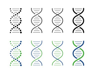 Genetik analiz için DNA simgeleri. Siyah ve yeşil sarmal şekilli molekül. Biyoteknoloji, kimya, biyoloji kavramı. vektör illüstrasyonu