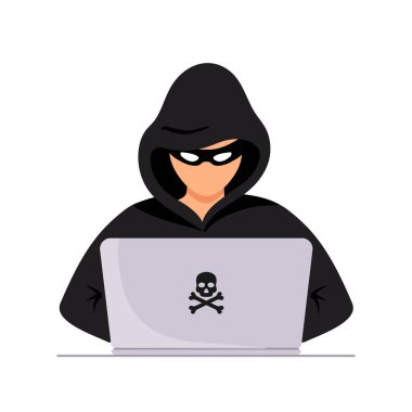 Laptopta arama yapan casus ajan. Hacker saldırısı, siber suçlu. Kullanıcı kimlik bilgilerini çalan gizli bir siyah hırsız. vektör illüstrasyonu