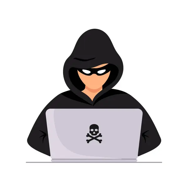 Špionážní Agent Hledá Laptopu Útok Hackerů Kyberkriminálníku Převlečený Černý Zloděj Vektorová Grafika