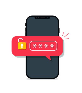 Şifreli telefon. Hesabın onaylanması için güvenli doğrulama. Kişisel erişim kavramı, akıllı telefon güvenliği, kullanıcı girişi. vektör
