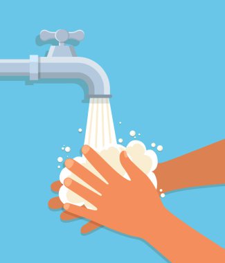 Elini muslukla yıkıyorsun. Çocuk suyun altında sabunla ellerini temizler. Temizlik, dezenfeksiyon, kişisel temizlik kuralları. vektör illüstrasyonu