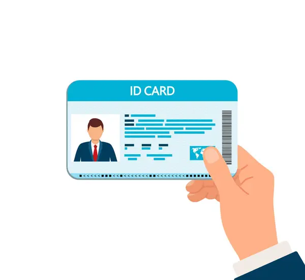 Idカードを持っている手 ビジネスマンの写真付きの個人アイデンティティ 男は身分証明書を提示する ベクトル — ストックベクタ