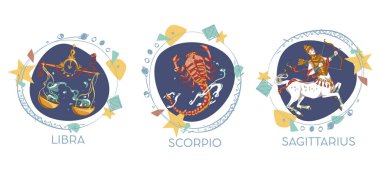 Astrological symbols on white background - Libra, Scorpio, Sagittarius clipart
