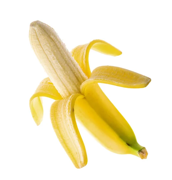 Poloviční Oloupaný Zralý Banán Izolovaný Bílém Pozadí Oříznutou Pěšinou — Stock fotografie