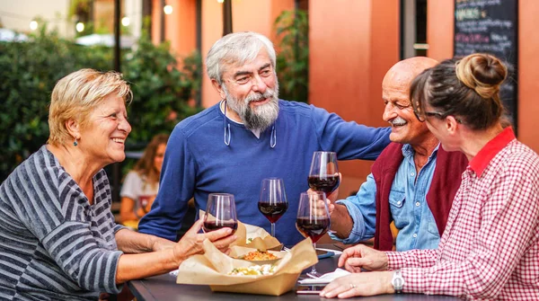 Velhos Amigos Felizes Bebendo Vinho Durante Jantar — Fotografia de Stock