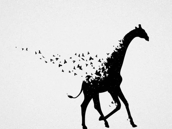 Giraffe Flying Birds Endangered Animal Black White Silhouette — Image vectorielle