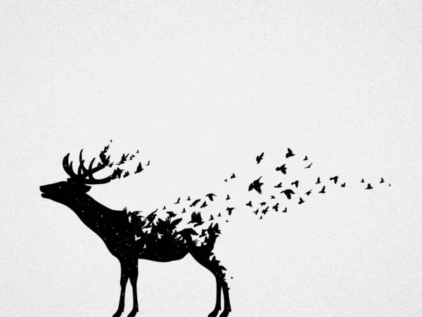 Abstract Deer Flying Birds Endangered Animal Black White Silhouette — Vector de stock