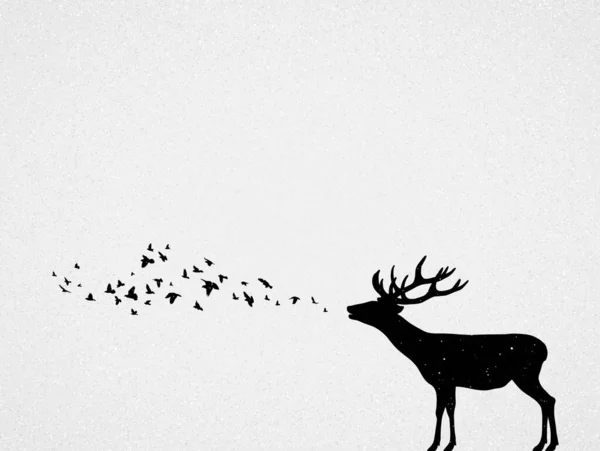 Abstract Deer Flying Birds Endangered Animal Black White Silhouette — Vector de stock